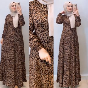 Leopar desenli pamuklu viskon elbise