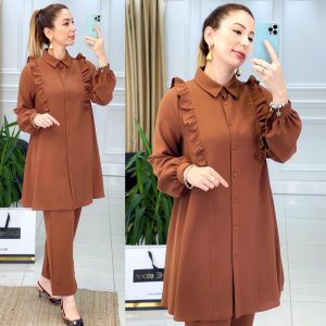 Krep kumaş fırfırlı kuşaklı takım