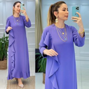Krep kumaş Boydan fırfırlı elbise