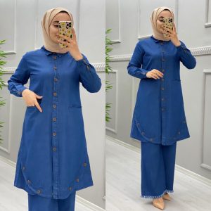 Düğmeli kot Tunik pantolon takım