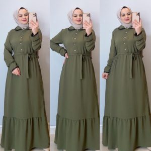 Ayrobin düğmeli kuşaklı elbise