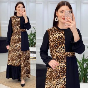 Leopar desenli garnili elbise