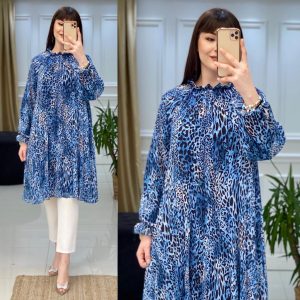 Leopar desenli Piliseli Tunik