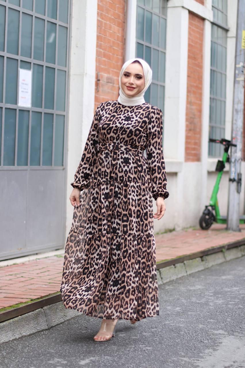 Leopar desenli şifon kemerli elbise - Görsel 7