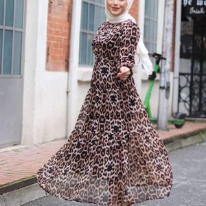 Leopar desenli şifon kemerli elbise