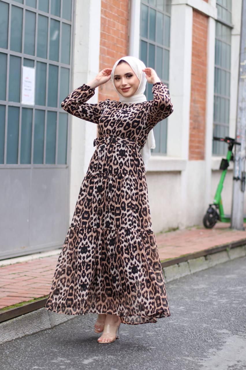 Leopar desenli şifon kemerli elbise - Görsel 3