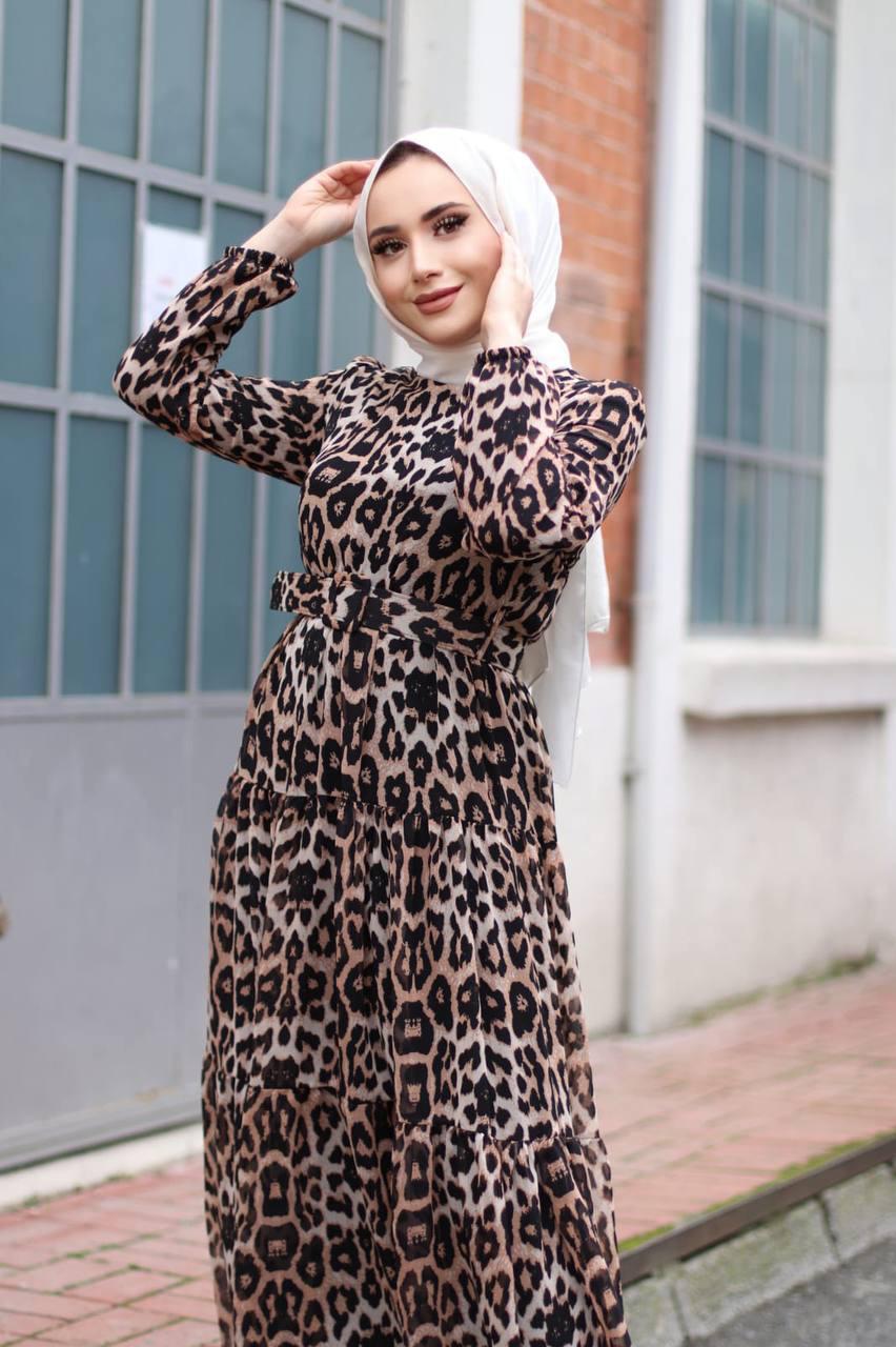 Leopar desenli şifon kemerli elbise - Görsel 5
