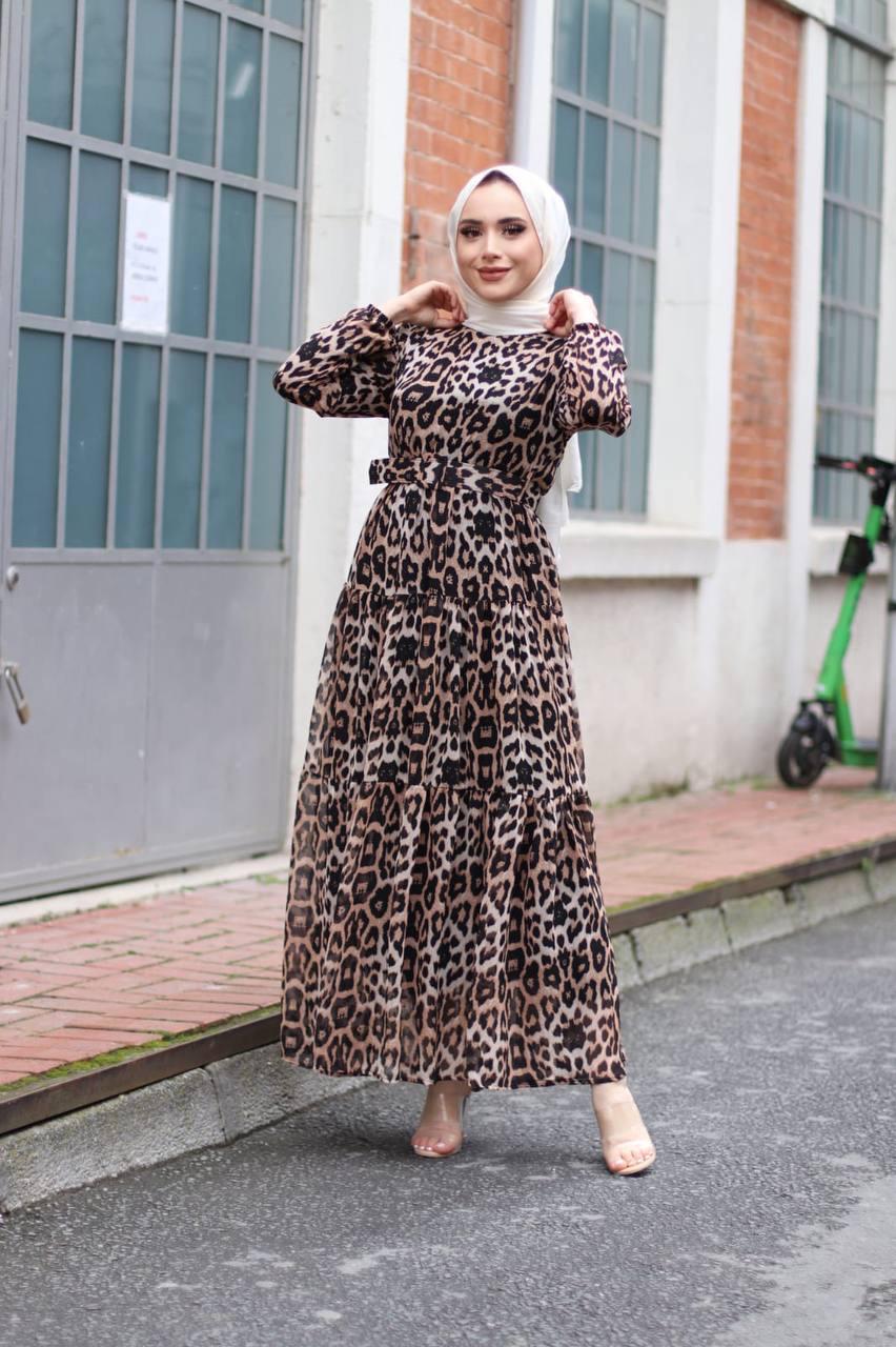 Leopar desenli şifon kemerli elbise - Görsel 6