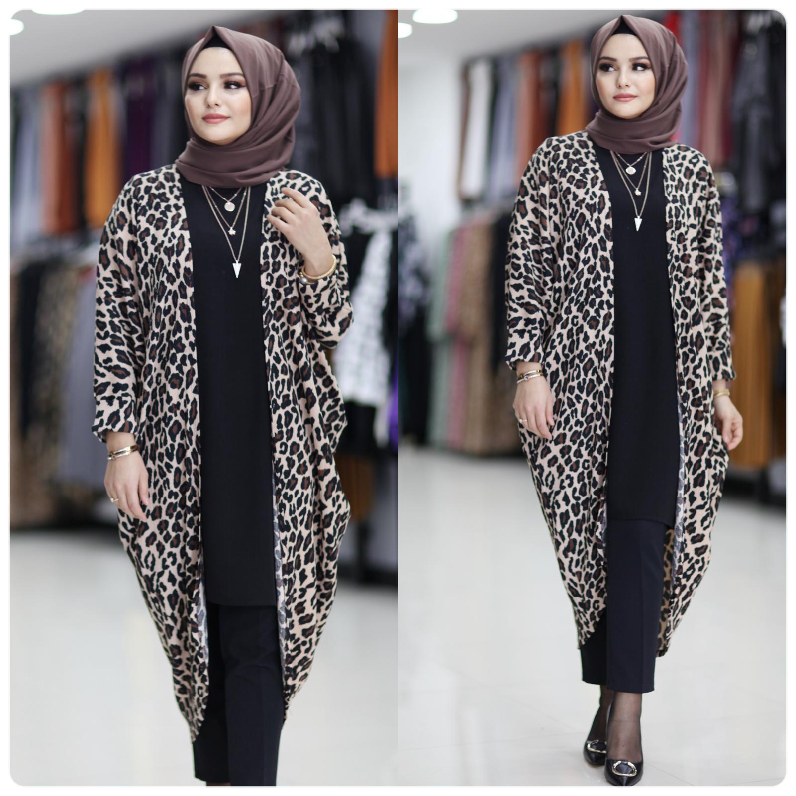 Örme kumas Leopar desenli hırka - Görsel 4