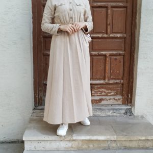 Keten kumaş kemerli spor elbise