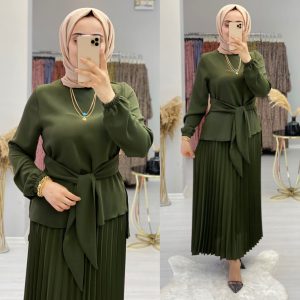 Krep kumaş kuşaklı Etekli takim