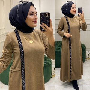 Ecrin kumaş kürklü taş detaylı ferace