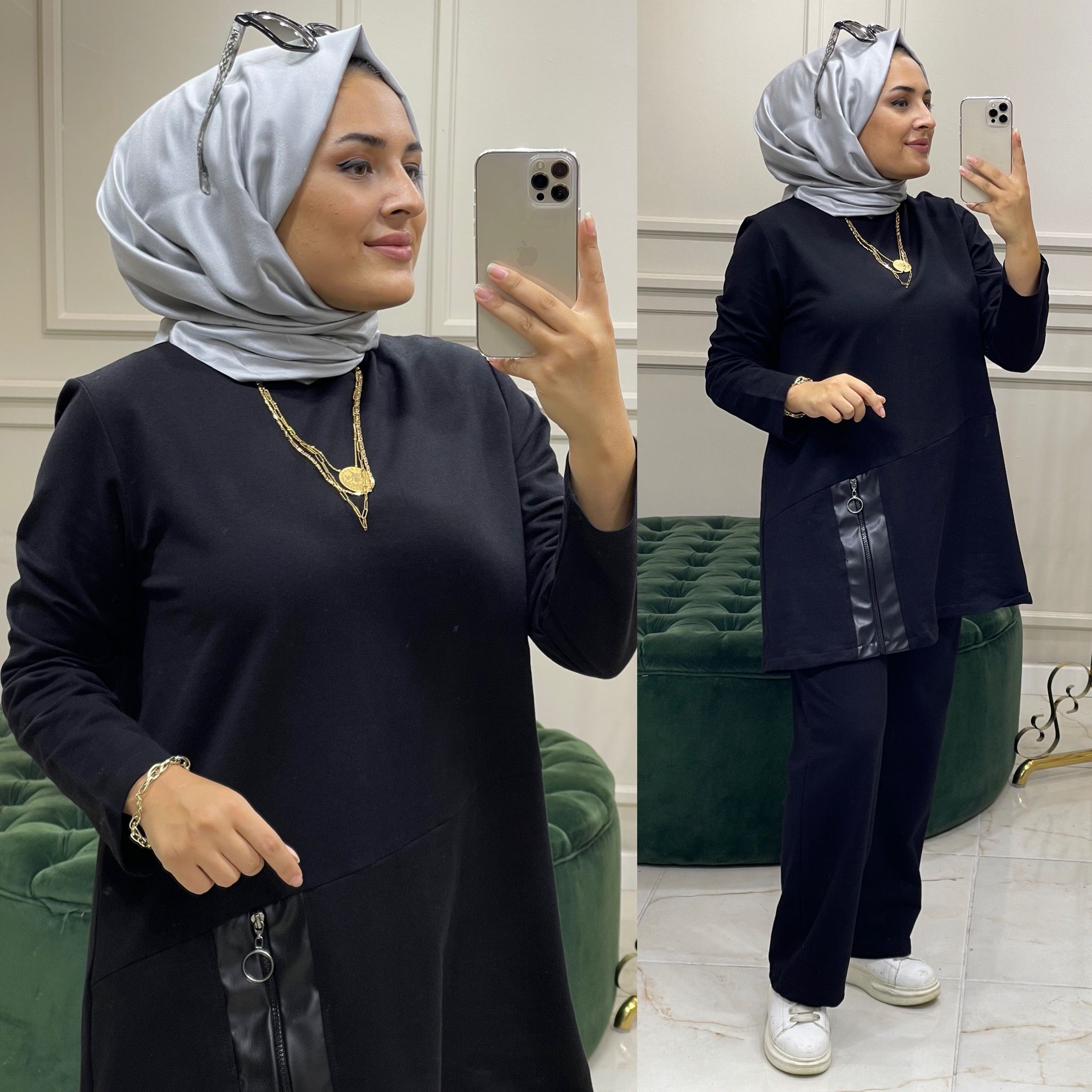 İki iplik kumaş Deri detayli takım - Görsel 4