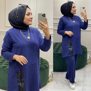 İki iplik kumaş Deri detayli takım