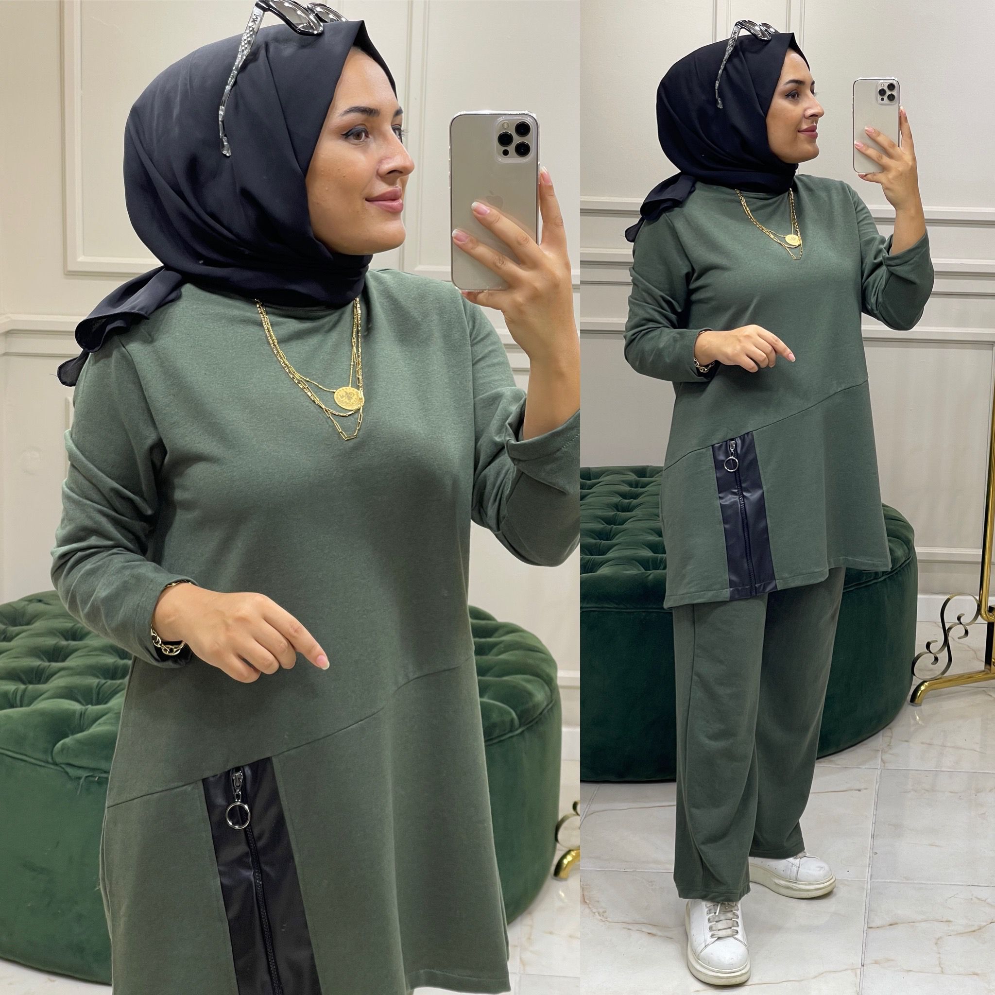 İki iplik kumaş Deri detayli takım - Görsel 3