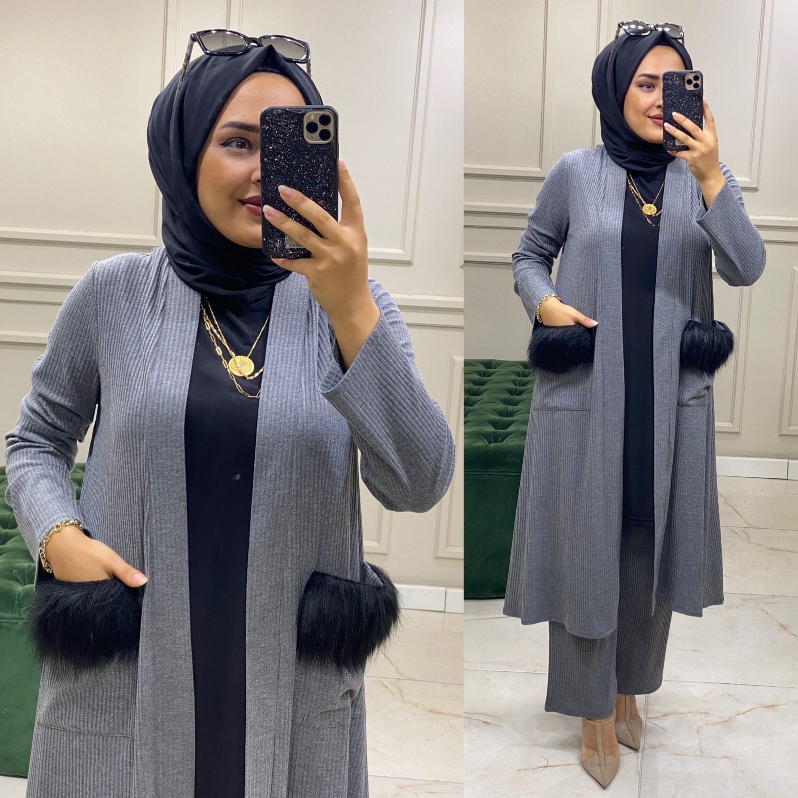 Fitili örme kumaş Kürklü ikili takım - Görsel 4