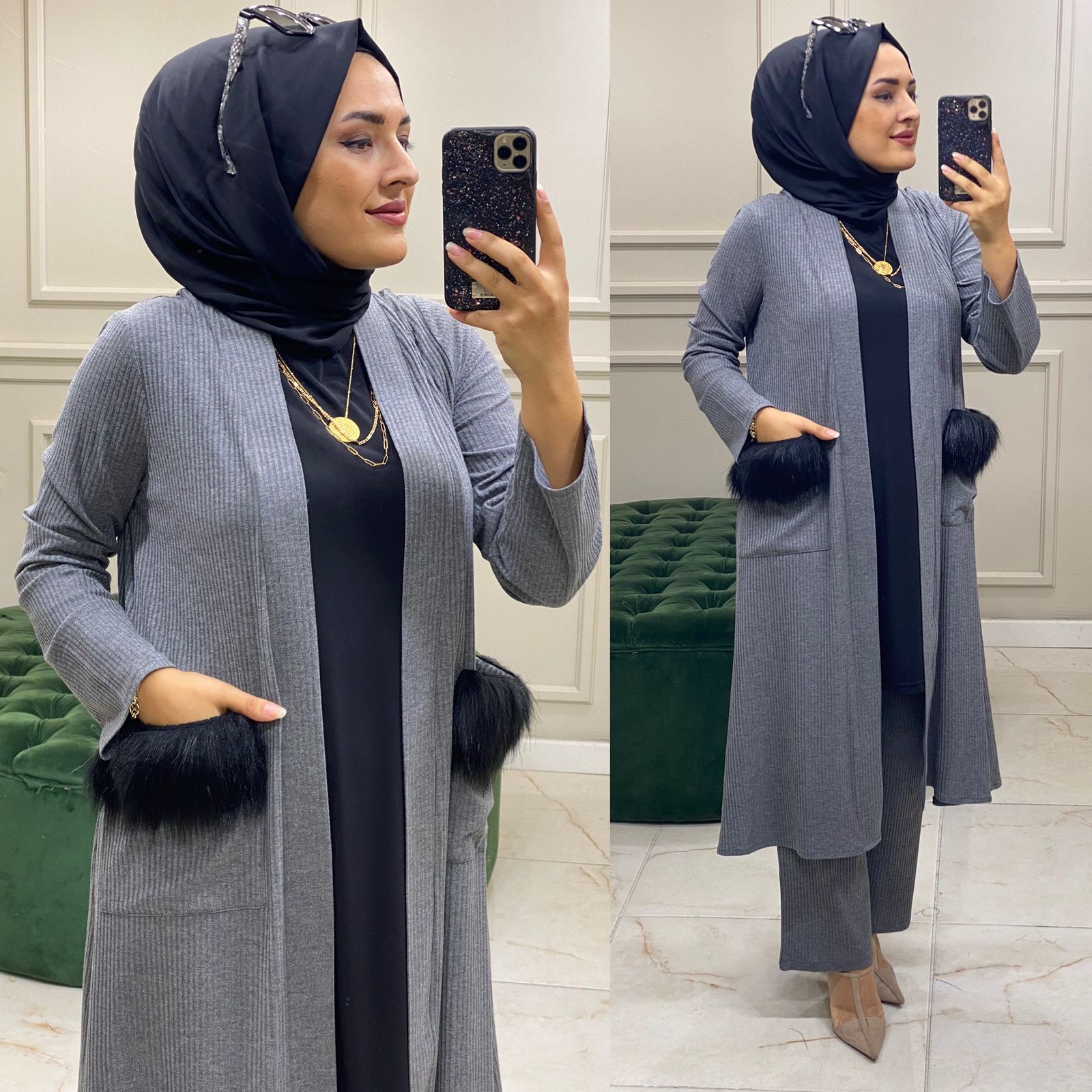 Fitili örme kumaş Kürklü ikili takım - Görsel 5