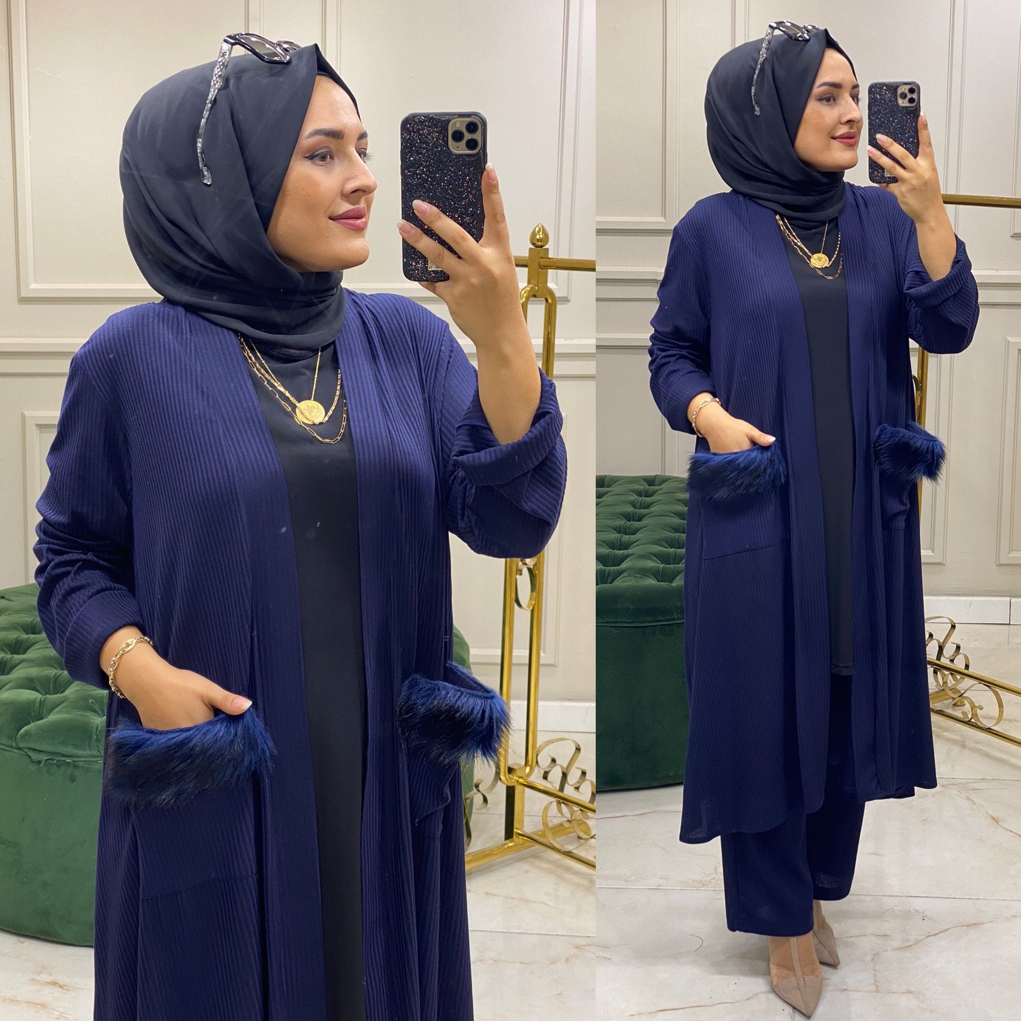 Fitili örme kumaş Kürklü ikili takım - Görsel 8