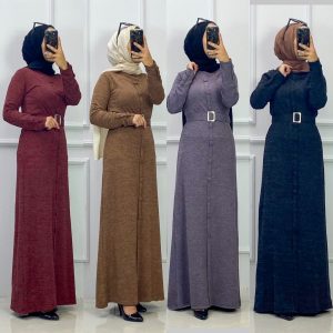 Manşet kollu kemerli Triko elbise