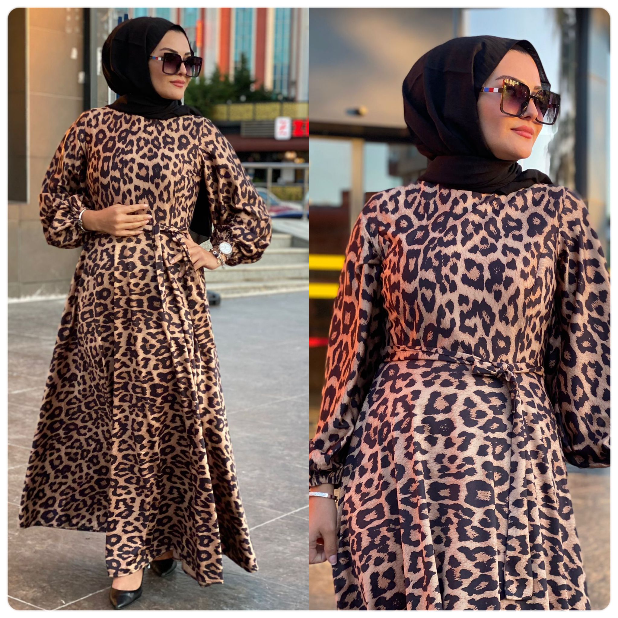 Yün efekt dökümlü Leoparlı elbise