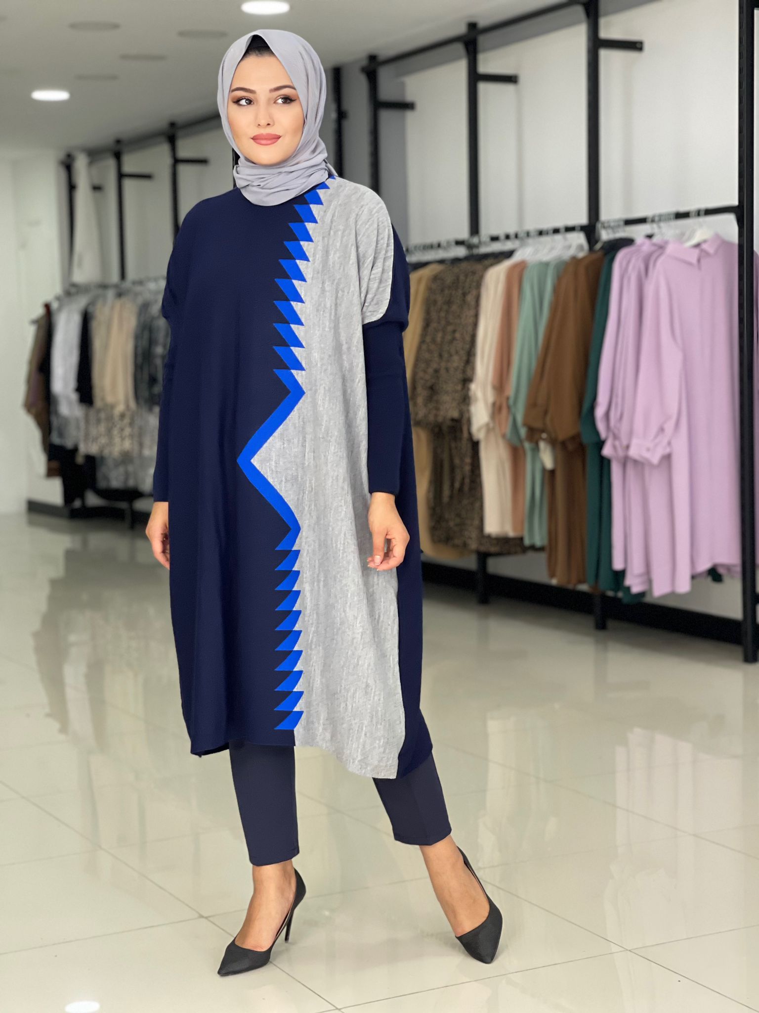 Desenli çizgili Triko Tunik - Görsel 12