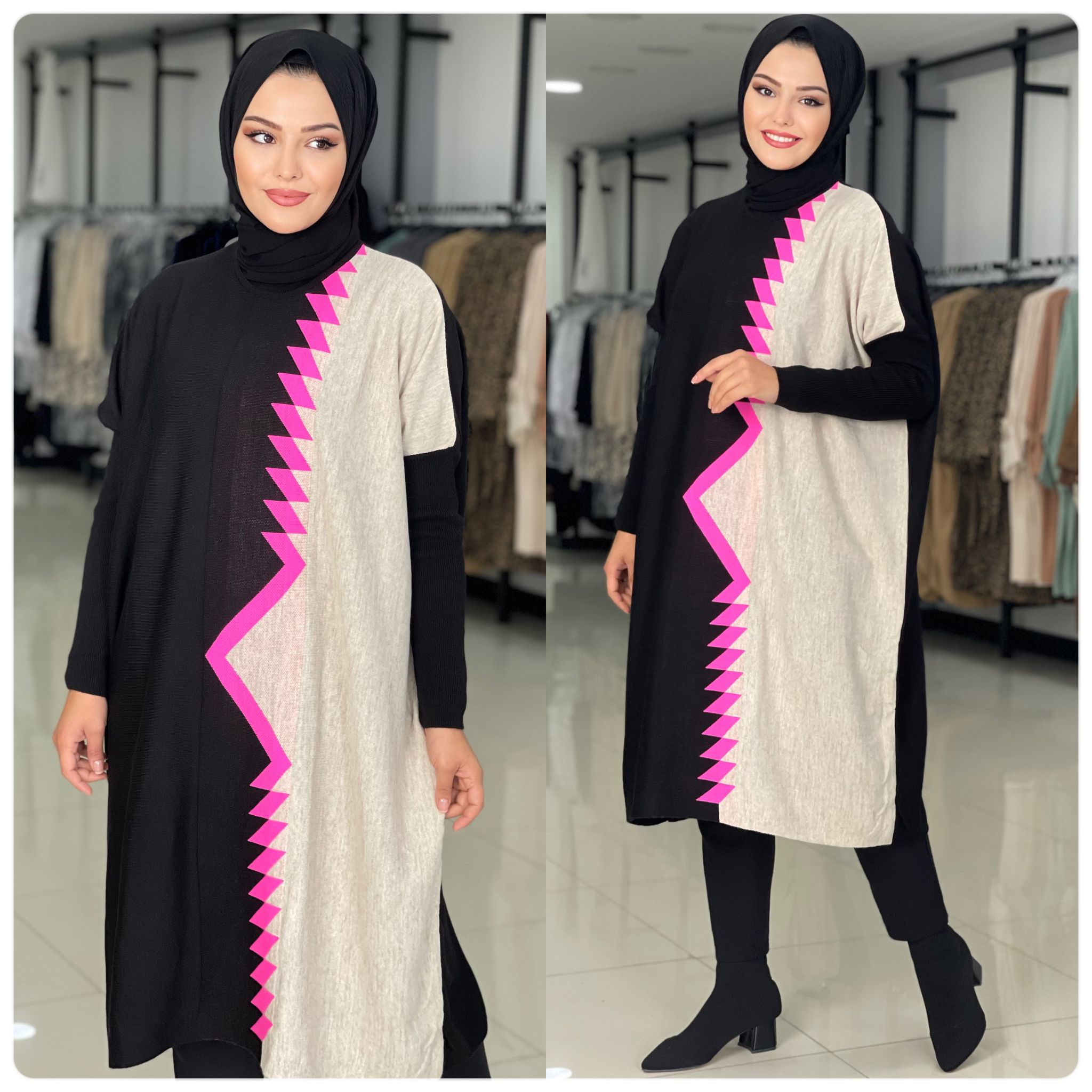 Desenli çizgili Triko Tunik - Görsel 7