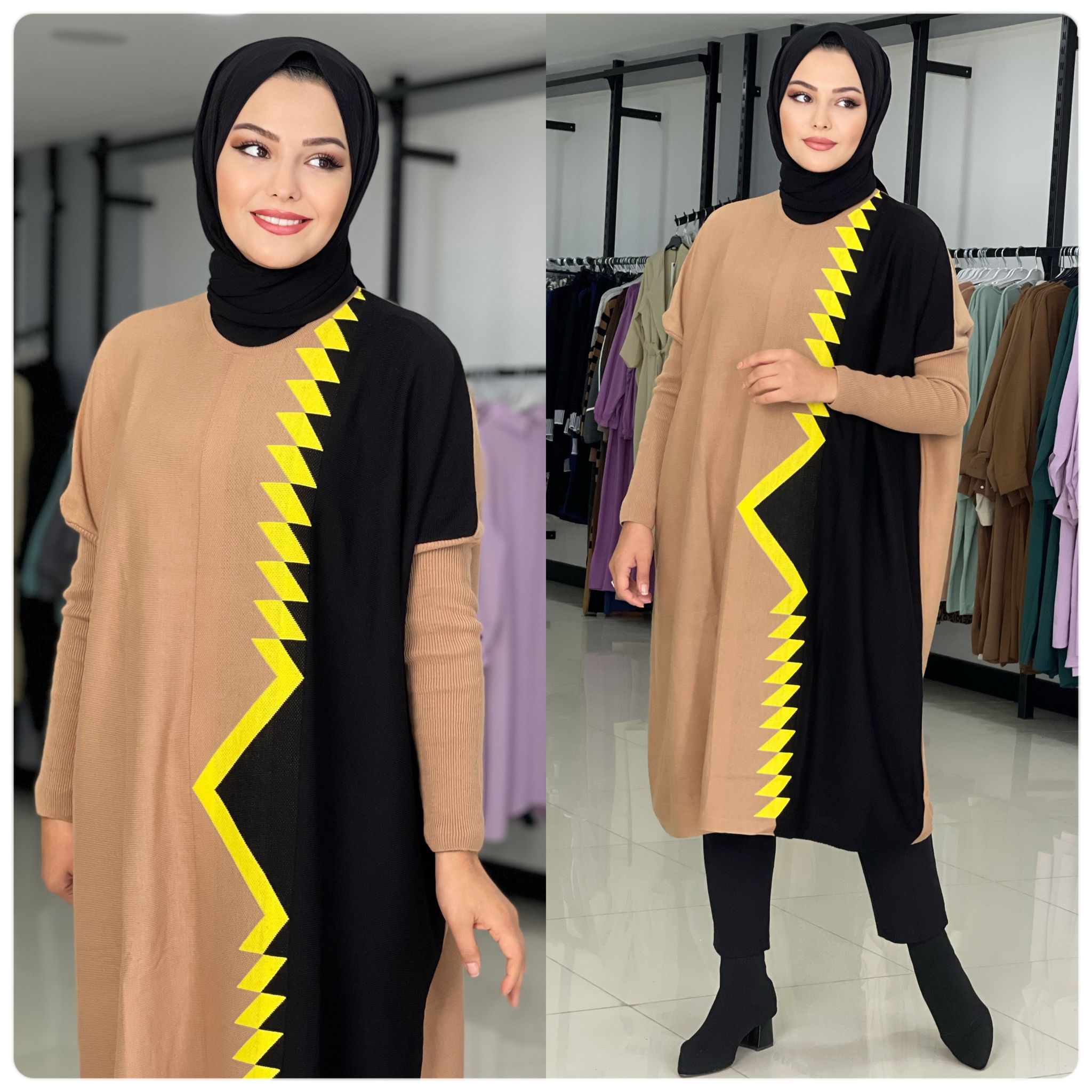 Desenli çizgili Triko Tunik - Görsel 8