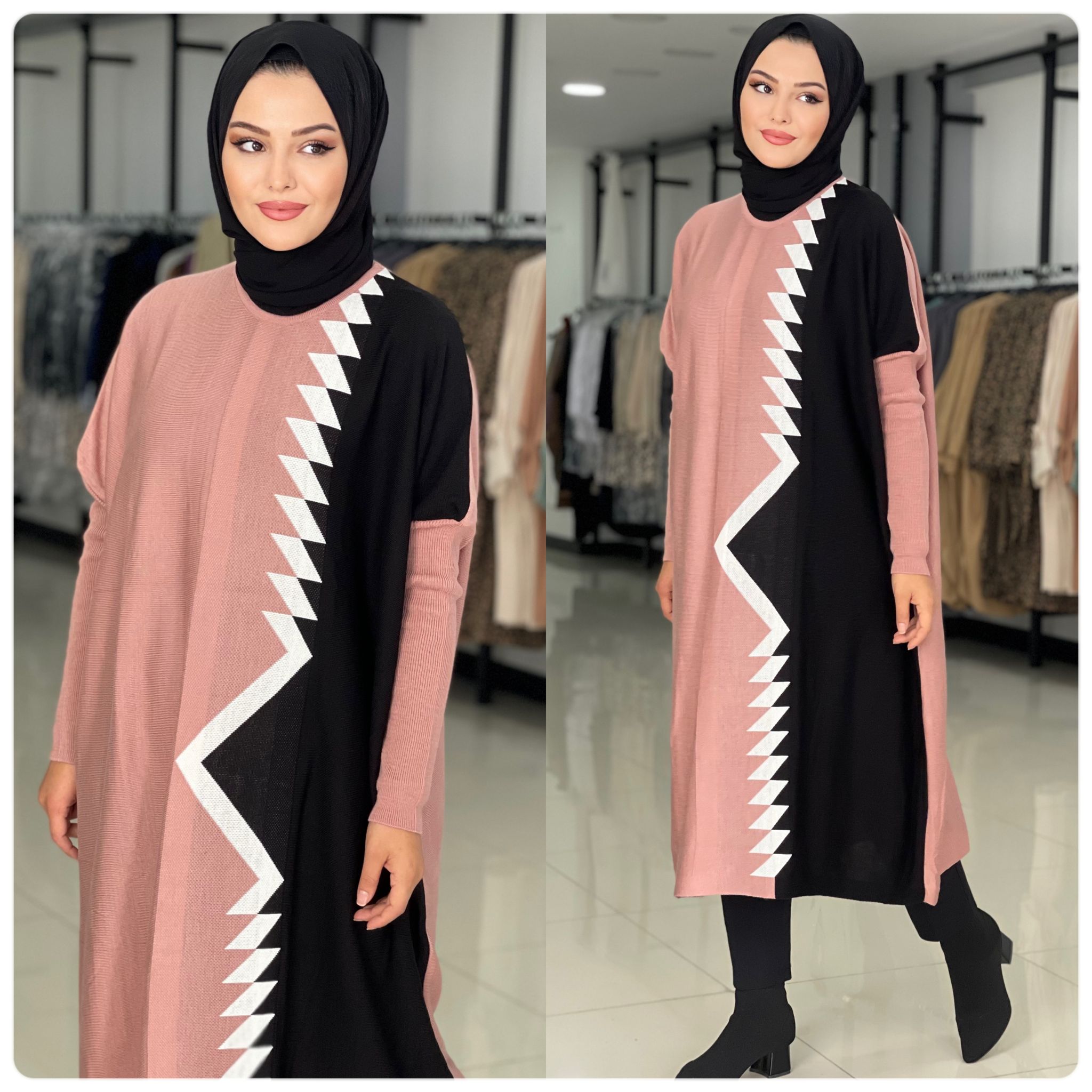 Desenli çizgili Triko Tunik - Görsel 11