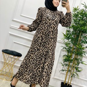 Krep kumaş robalı leopar elbise