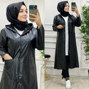 Çıtçıtlı kapşonlu deri kap