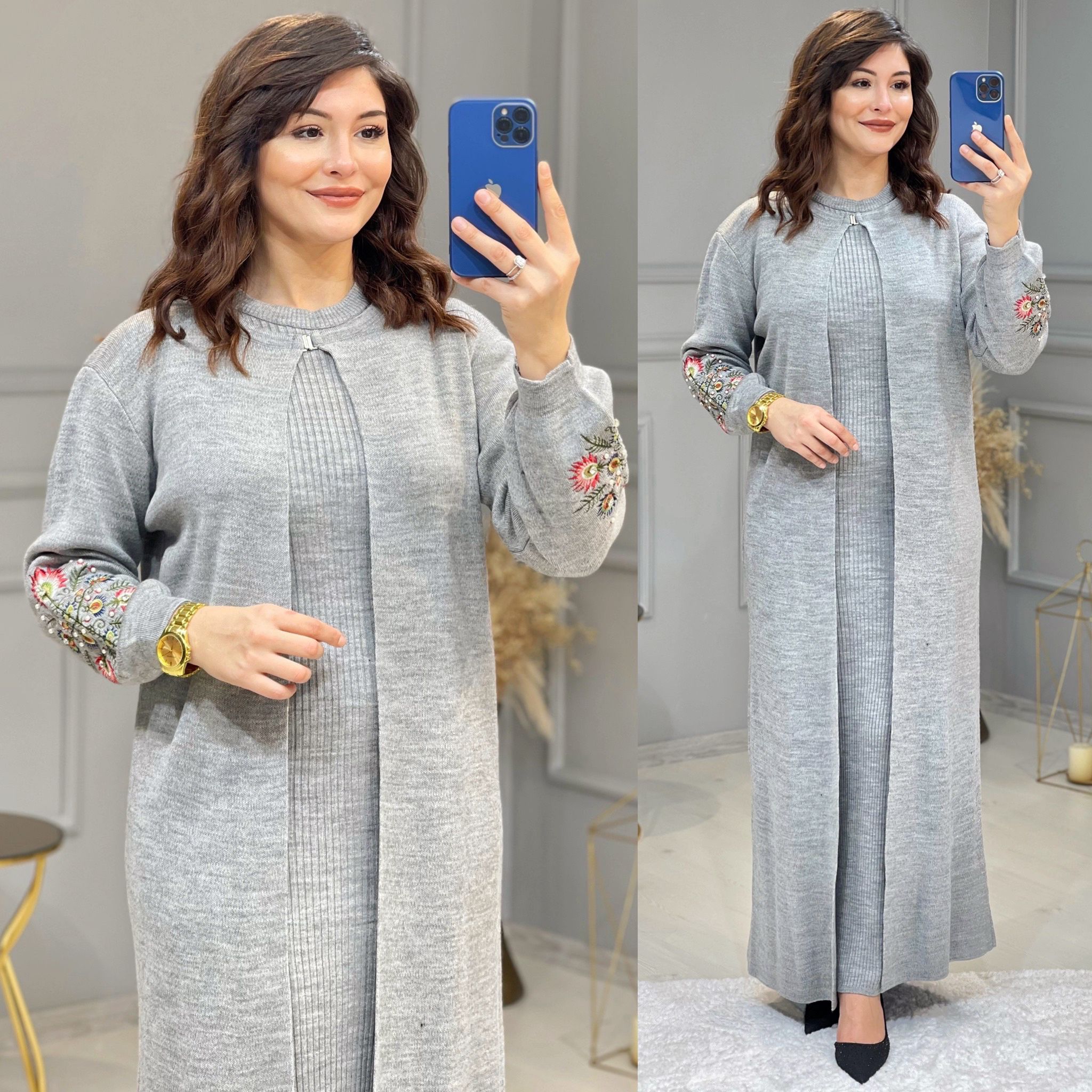 Örme Triko uzun hırka elbise takim