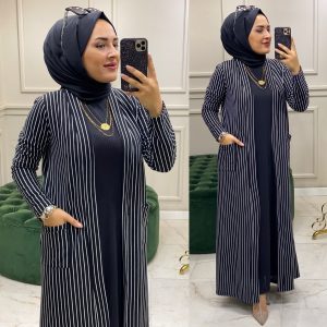 Fitili örme çizgili hırka takım
