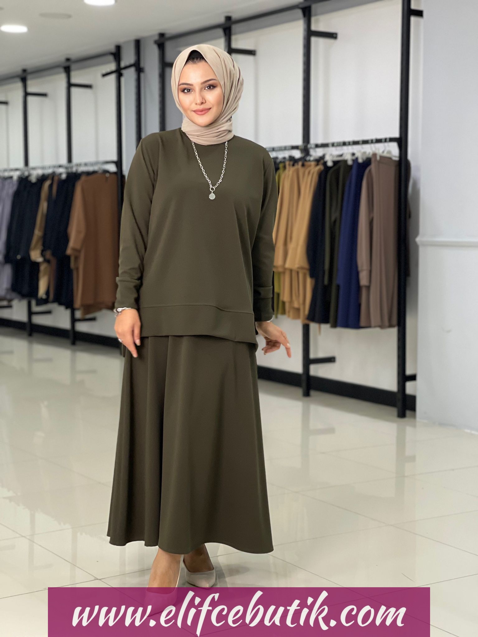 Krep kumaş ela Etekli takım - Görsel 3