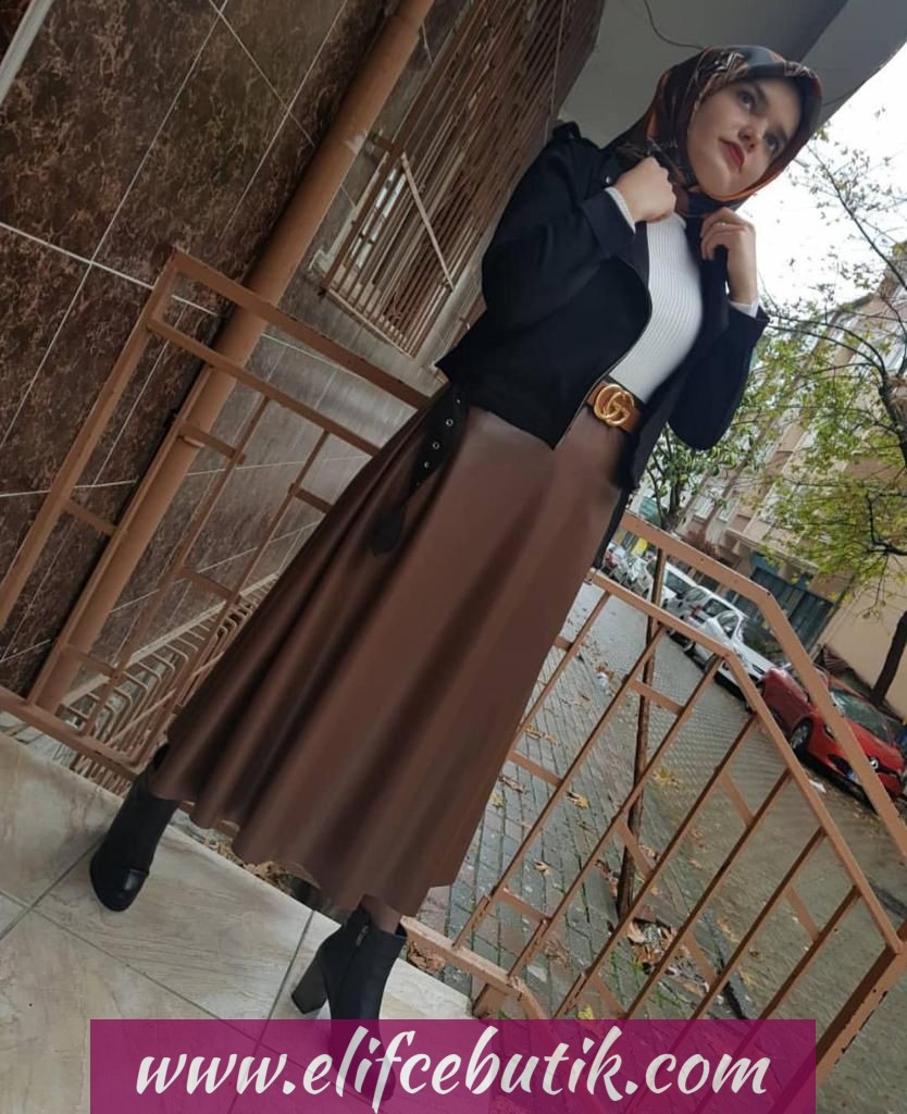 Süet ceket kemerli deri etek - Görsel 2
