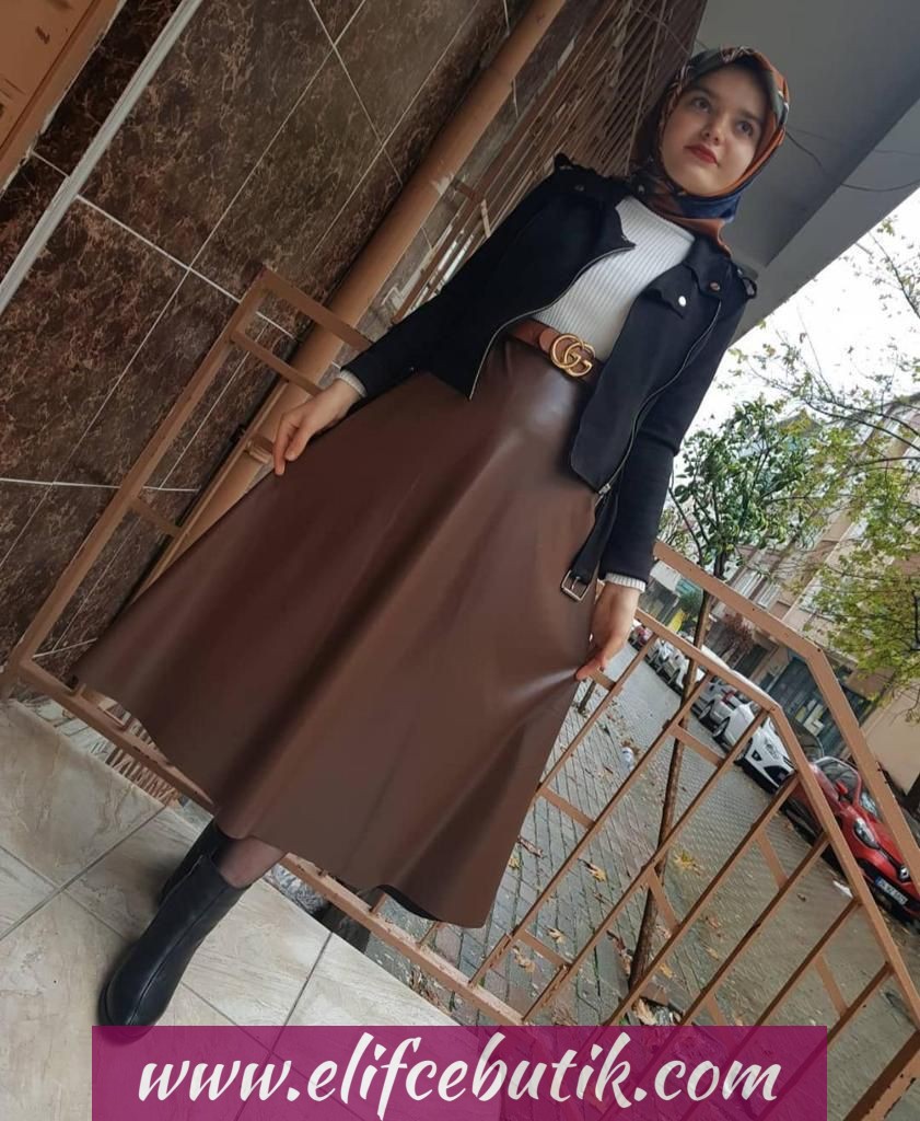 Süet ceket kemerli deri etek - Görsel 5
