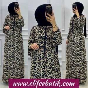 Leopar desenli belden lastikli elbise
