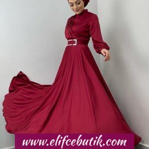Saten kumaş ayna kemerli abiye