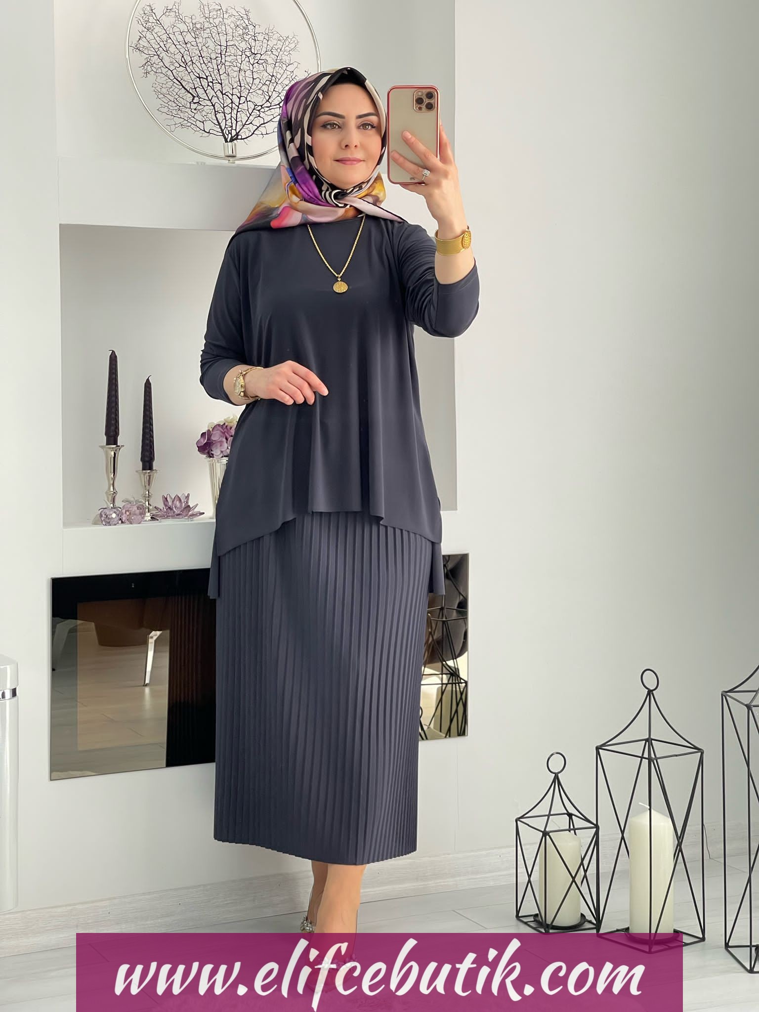 Sandy kumaş pilseli etekli takım - Görsel 2