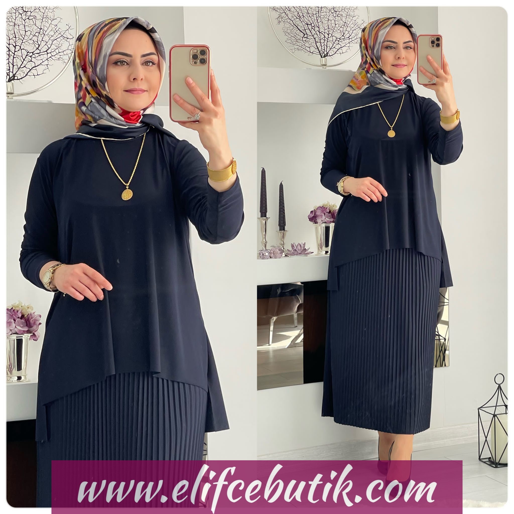 Sandy kumaş pilseli etekli takım - Görsel 9