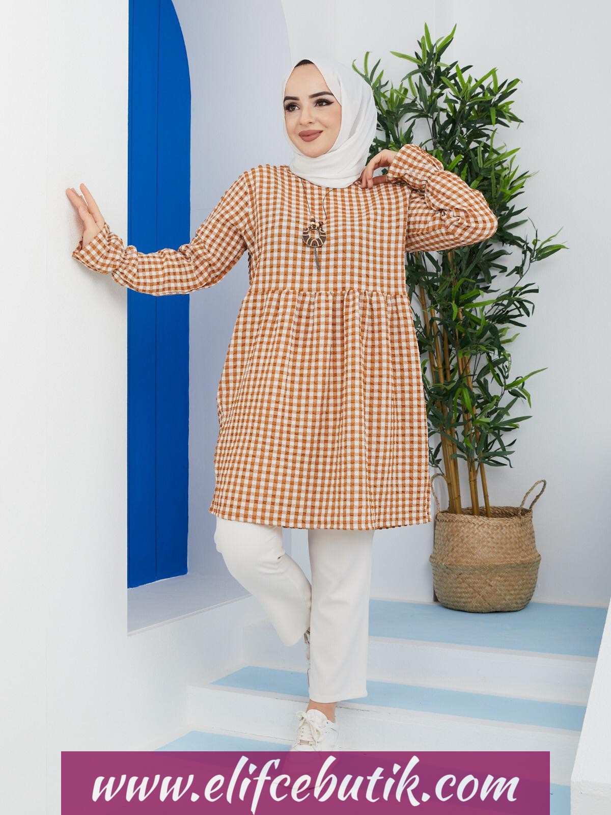 Ekose desenli gofre Tunik