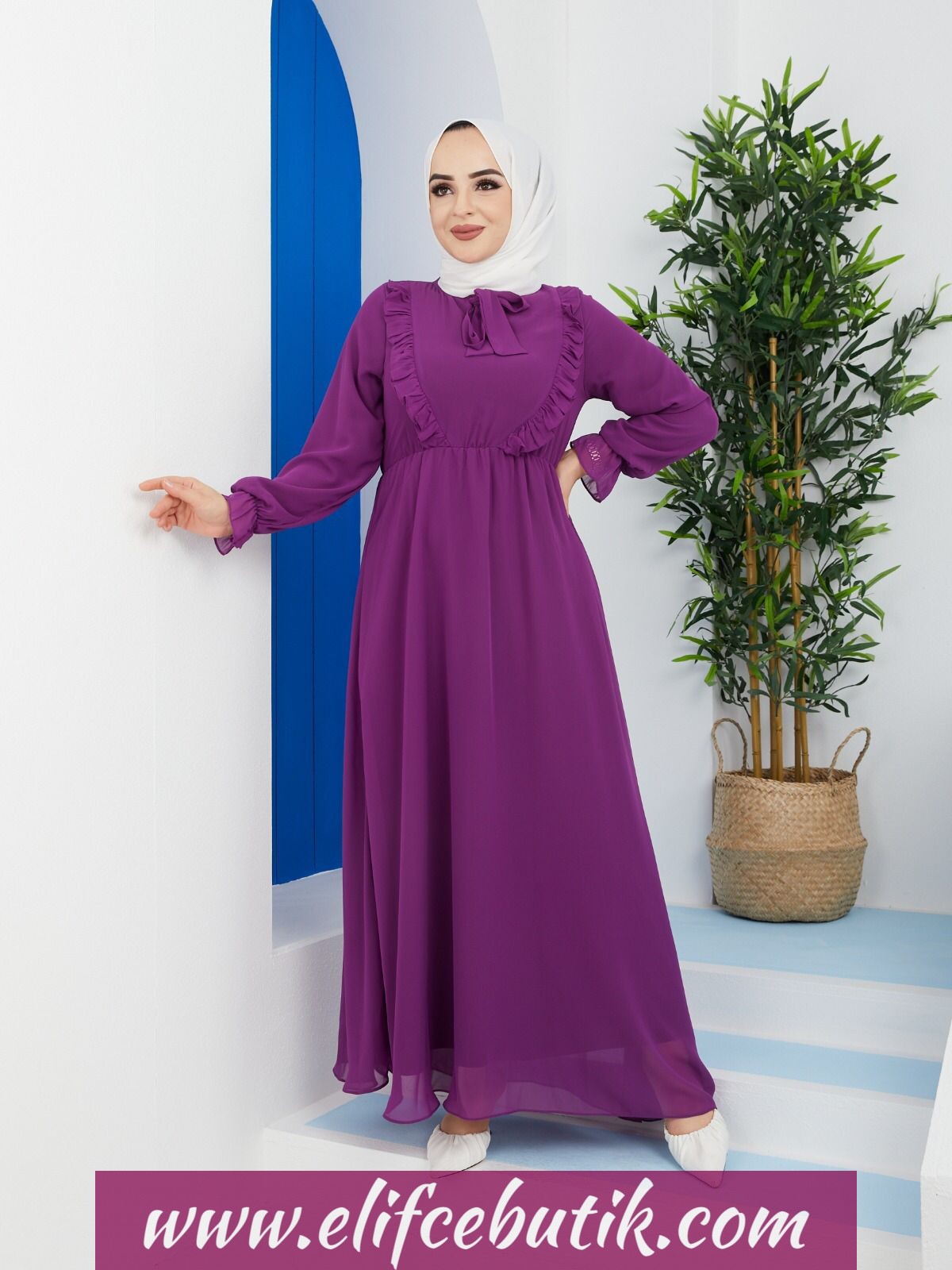 Fırfırlı detaylı şifon elbise - Görsel 5