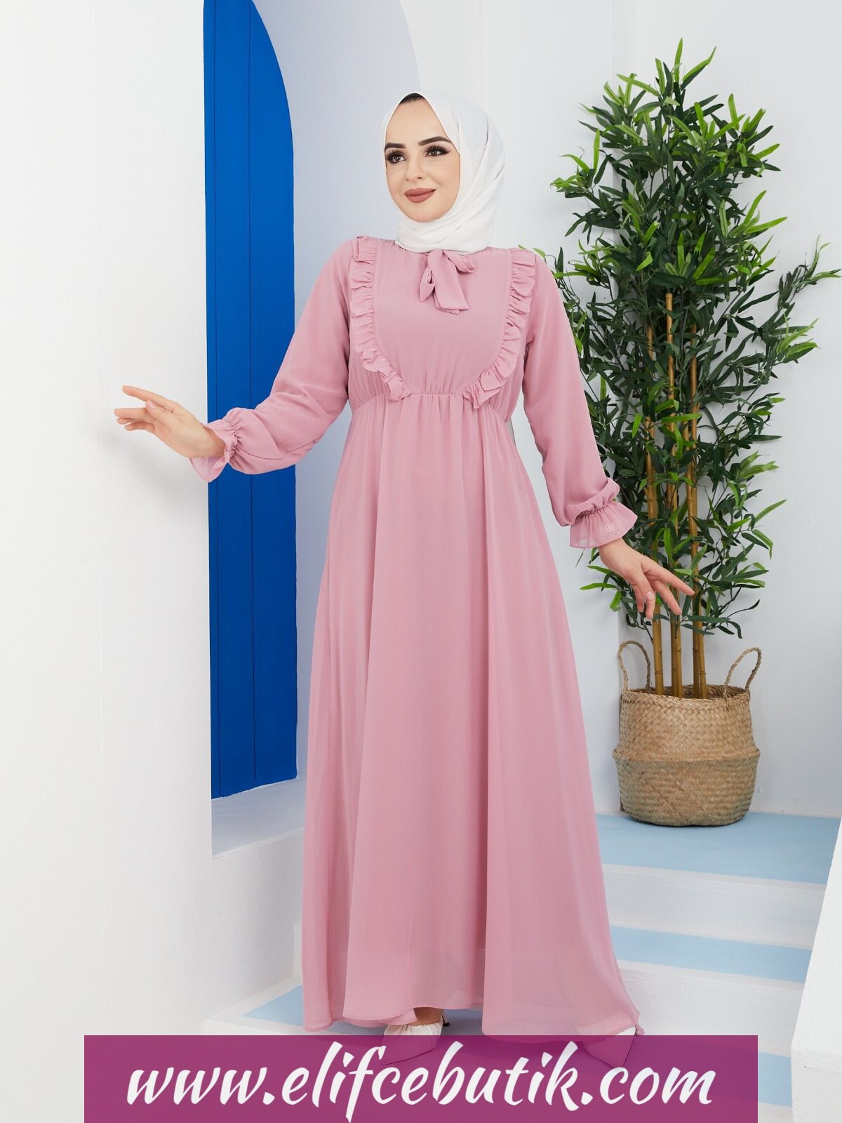 Fırfırlı detaylı şifon elbise - Görsel 6