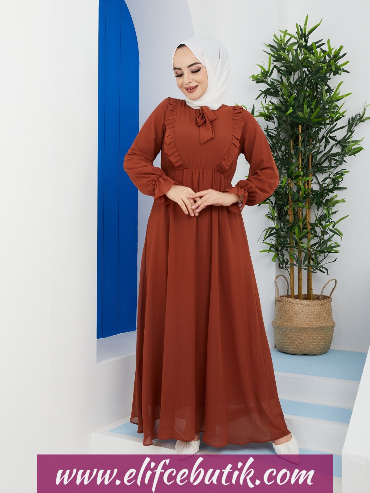Fırfırlı detaylı şifon elbise - Görsel 8