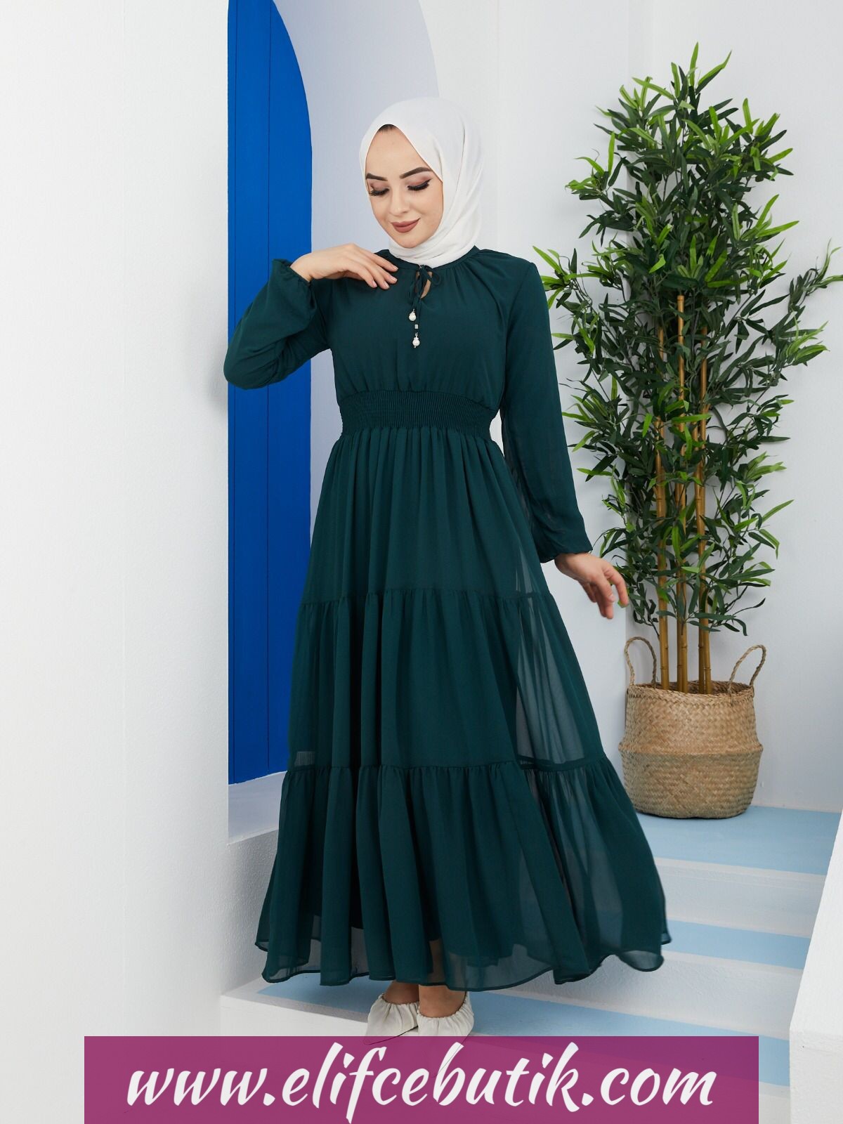 Yaka bağlamalı şifon elbise - Görsel 2