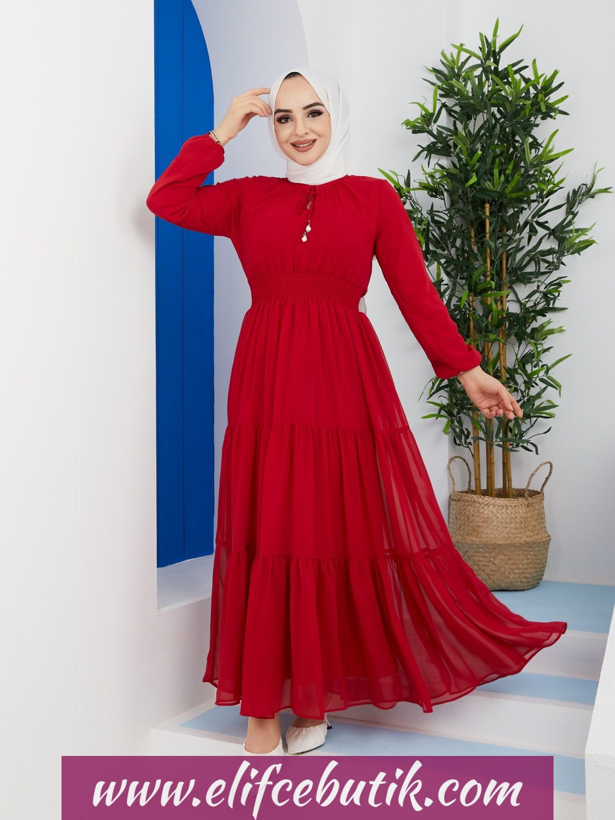 Yaka bağlamalı şifon elbise - Görsel 3