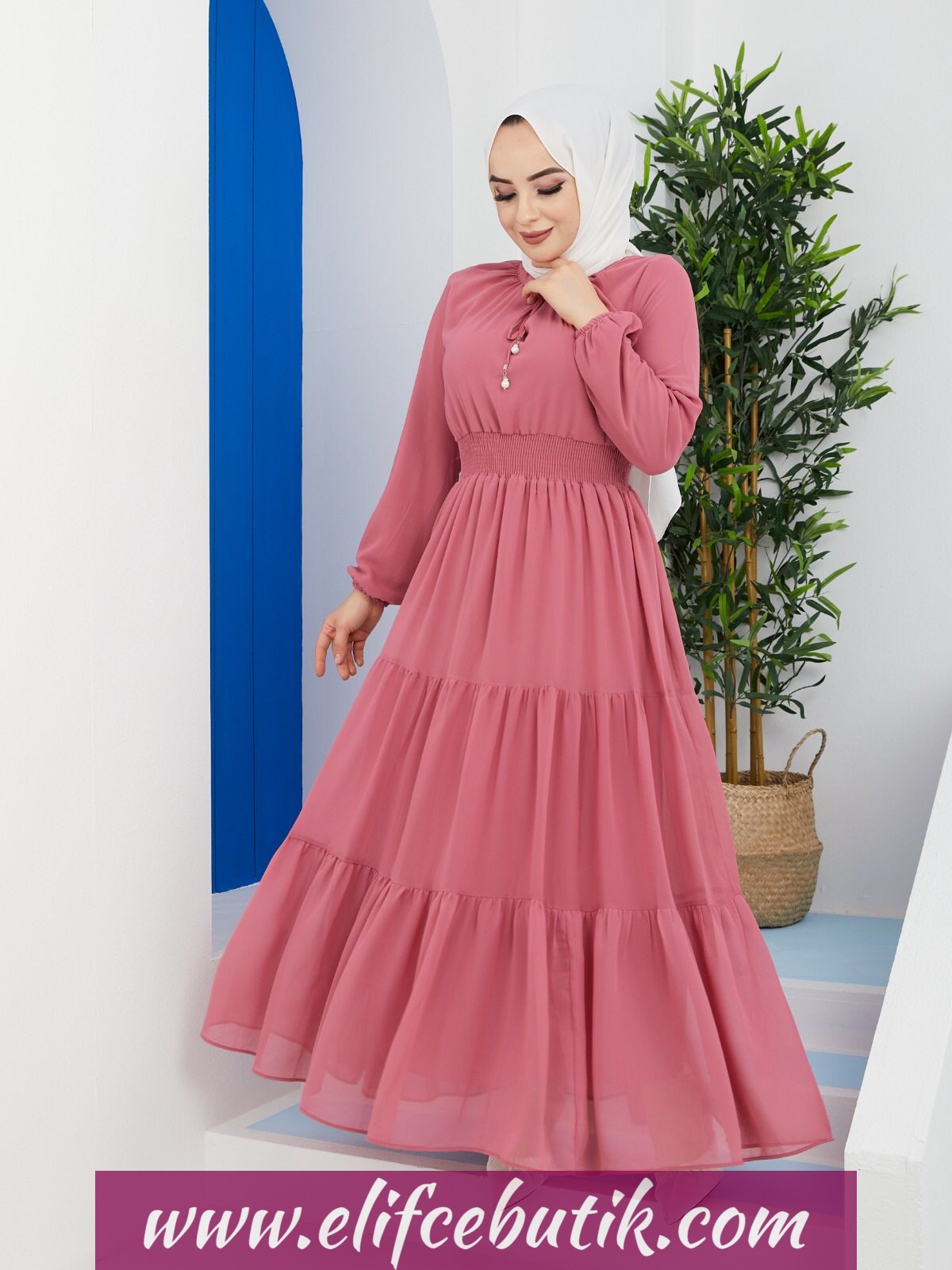 Yaka bağlamalı şifon elbise - Görsel 4
