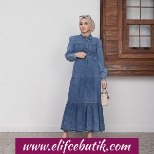 Gömlek yaka bağcıklı kot elbise