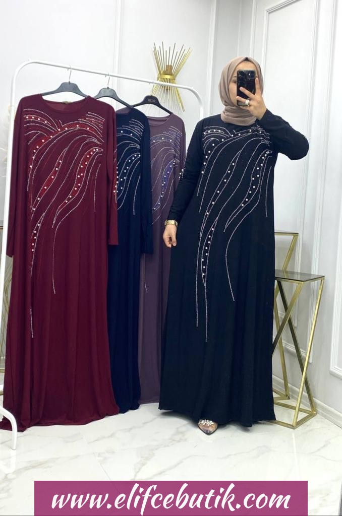 Sandy kumaş İnci detaylı taş elbise - Görsel 5