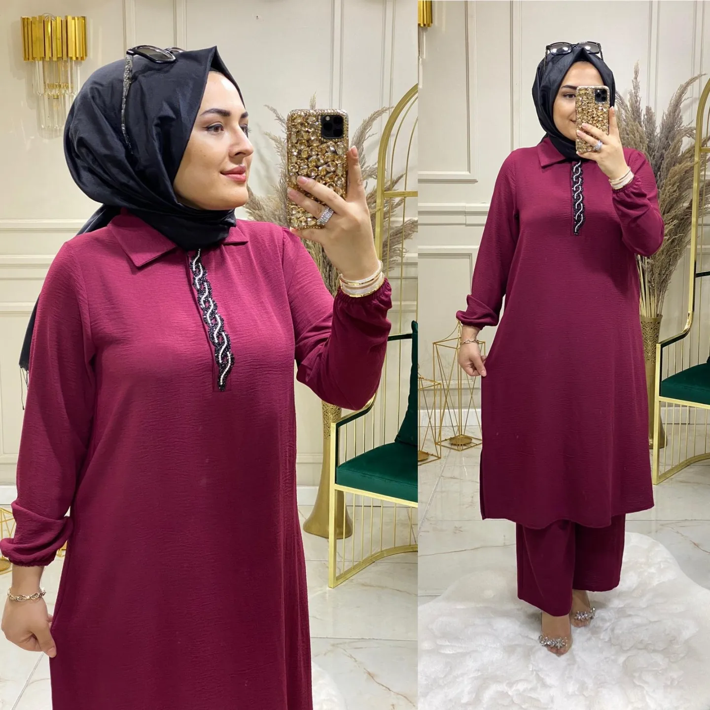 Ayrobin kumaş yakalı Tunik pantolon