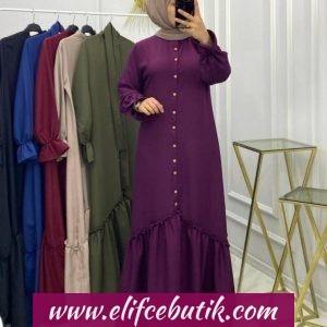 Krep kuşaklı düğmeli fırfırı elbise